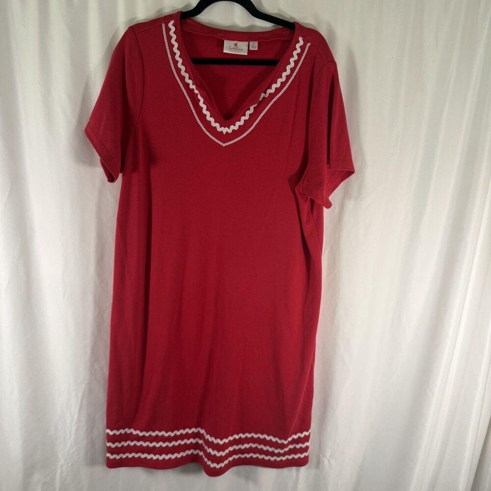 The Quacker Factory Ric Rac Mini Dress Women's 1X Red White Short Sleeve V-Neck